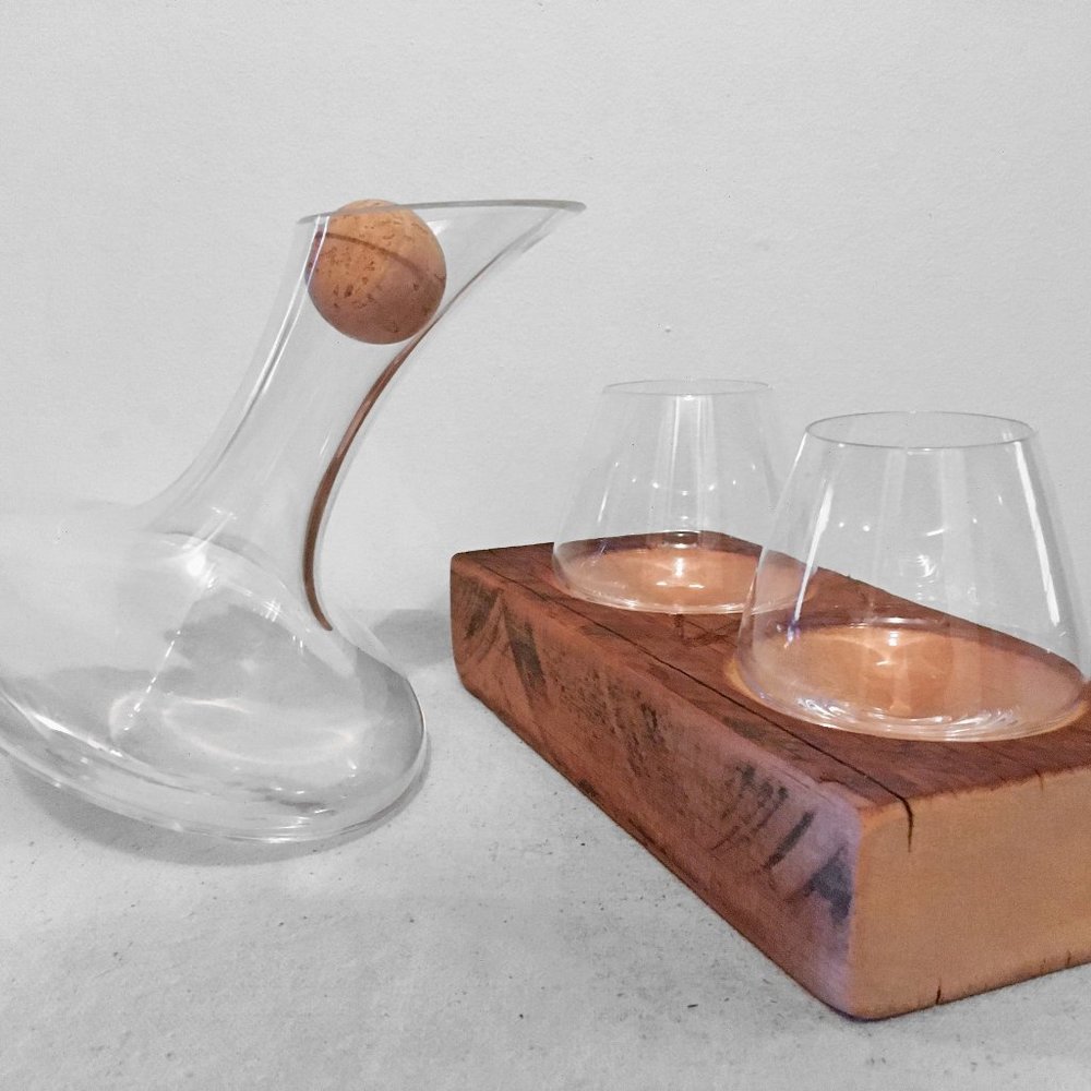 Tilted GLASS Wine Set with Carafe, Glasses & Barn Wood Holder